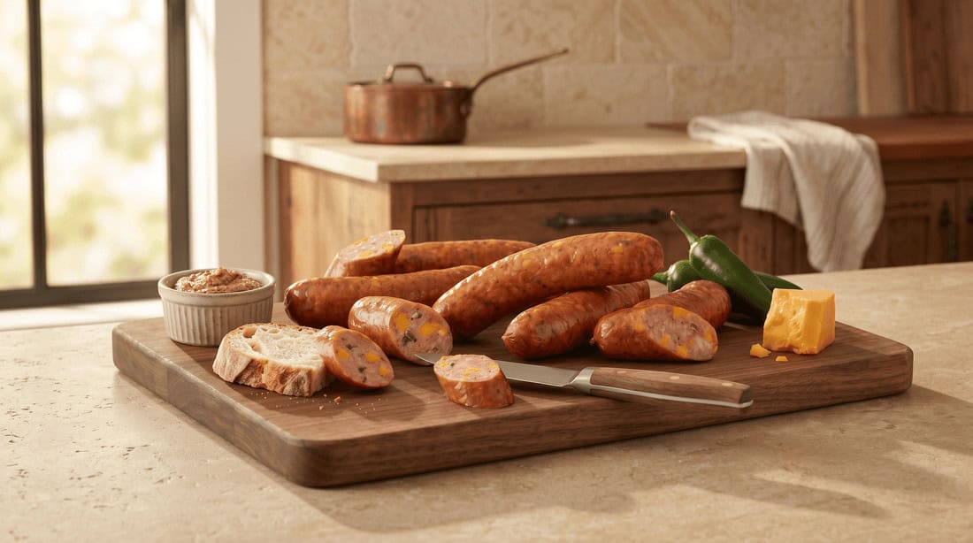 Sliced jalapeno cheddar sausage on a cutting board at Opa's Smoked Meats in Fredericksburg, Texas