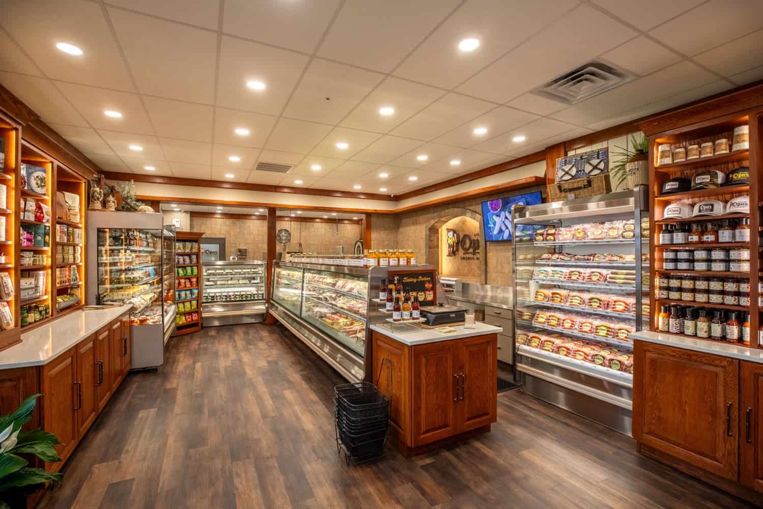 Inside the deli and market at Opa's Smoked Meats in Fredericksburg, Texas