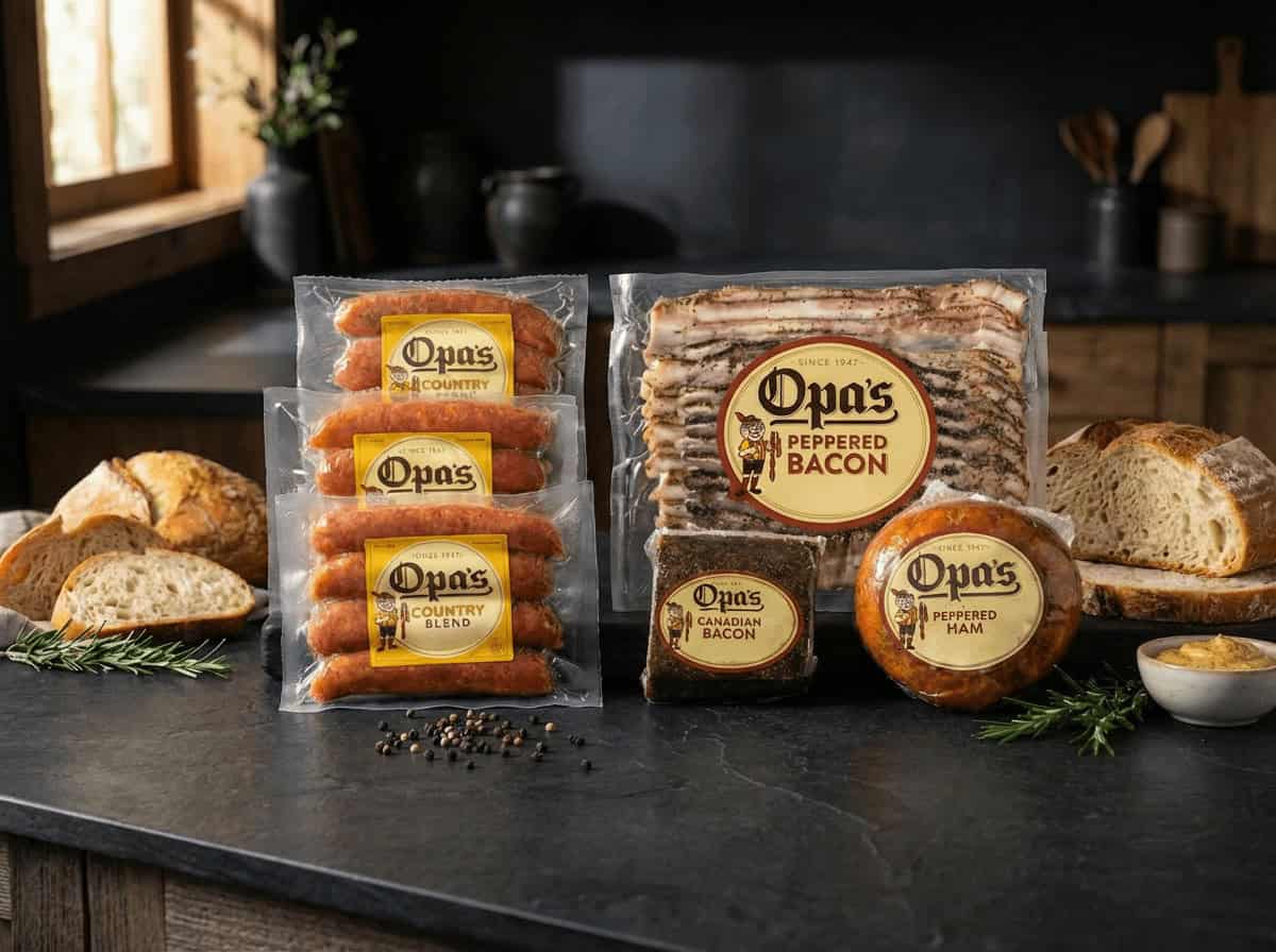 Opa's peppered bacon and smoked sausage with bread in Fredericksburg, Texas