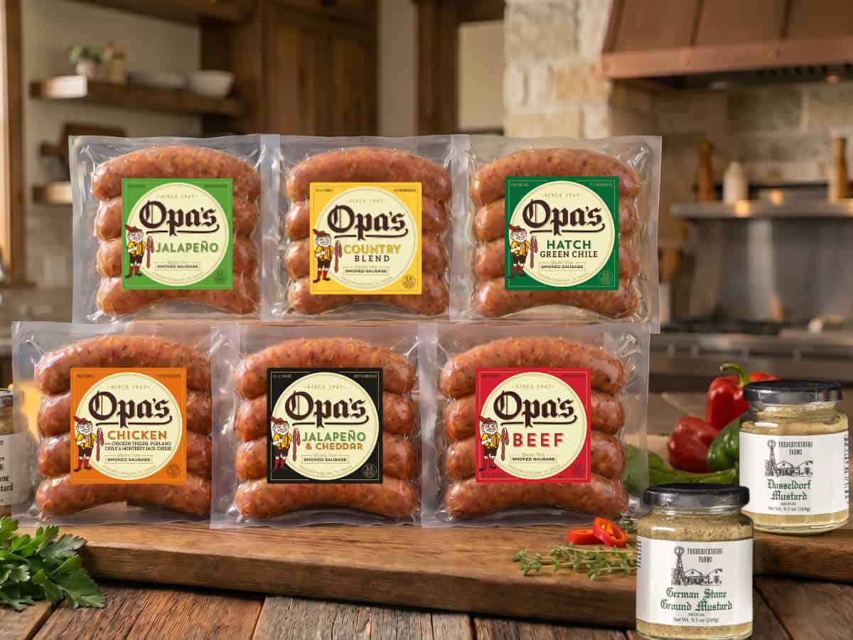 Display of Opa's smoked sausage varieties at Opa's Smoked Meats in Fredericksburg, Texas