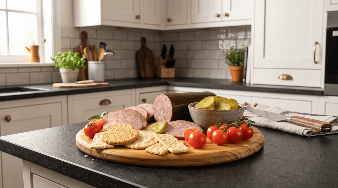 Board of Opa's smoked sausage with crackers in Fredericksburg, Texas