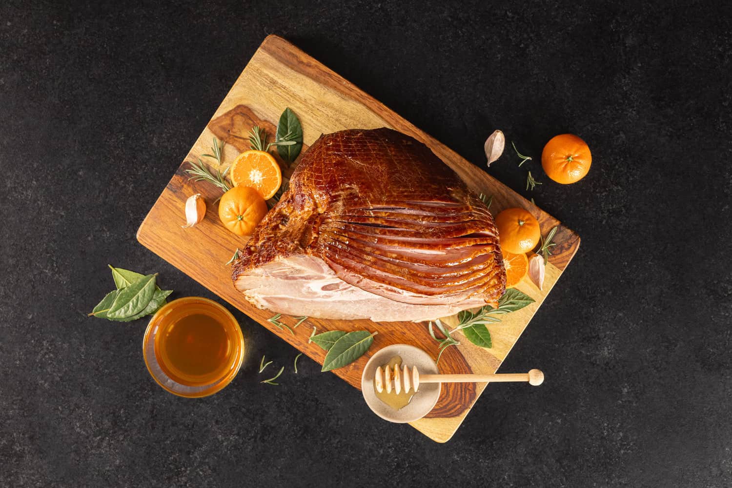 Spiral smoked ham on a serving board at Opa's Smoked Meats in Fredericksburg, Texas