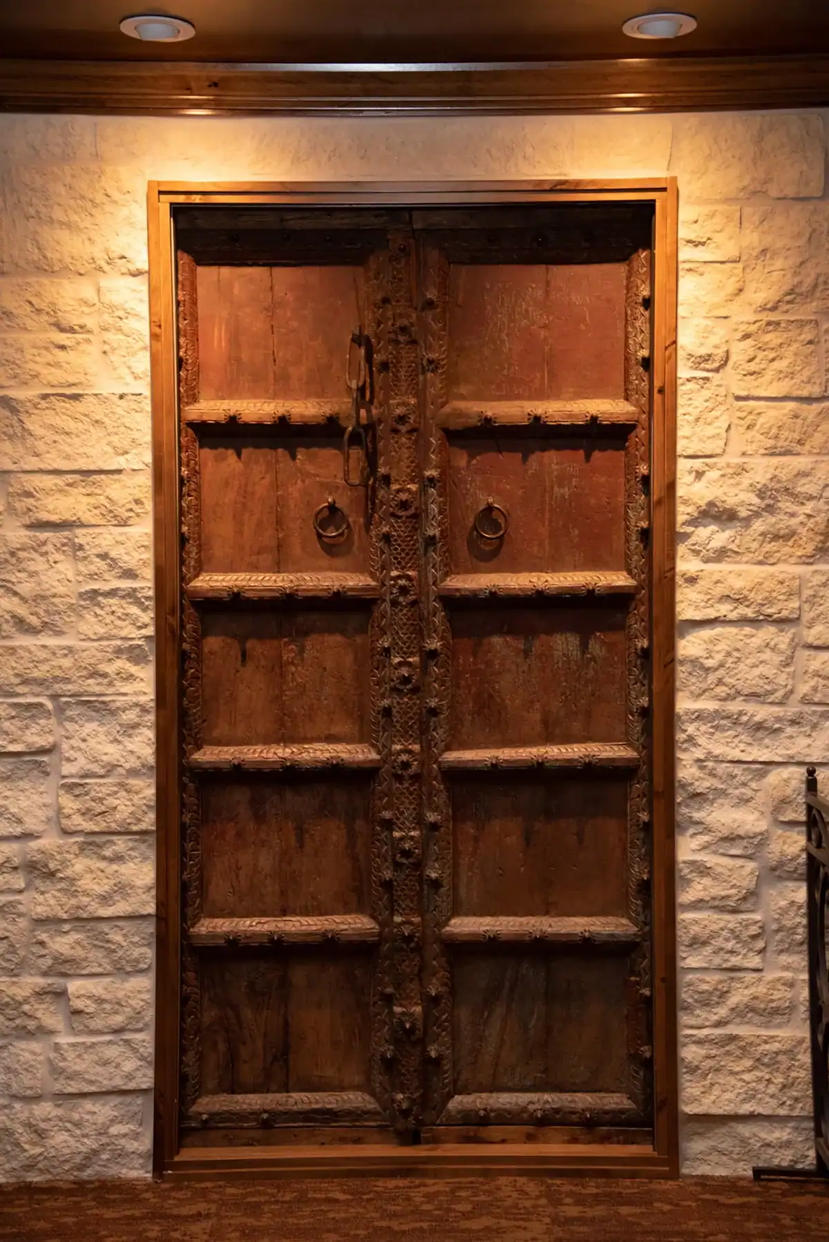 The original 1750 interior sacristy doors of the Alamo chapel on display at Taste of Texas in Houston