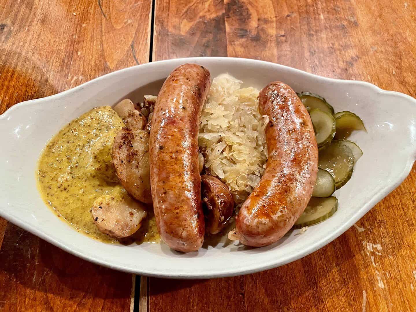 Sausages with sauerkraut at Ottos German Bistro in Fredericksburg, Texas