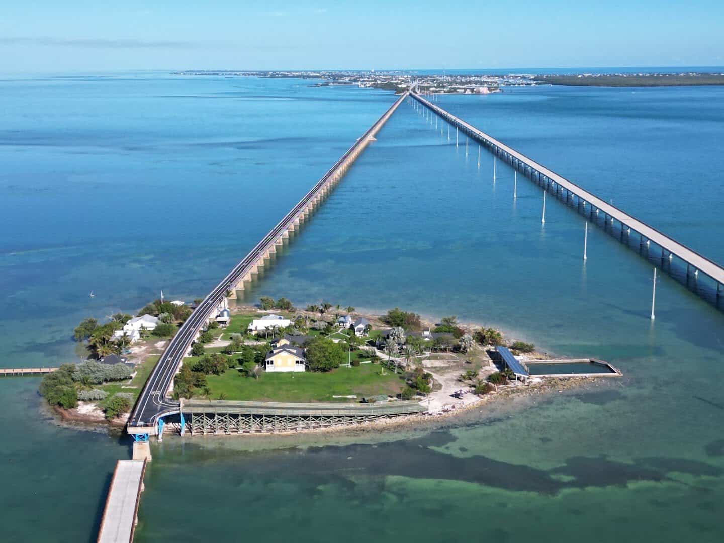 Aerial view of the Seven Mile Bridge crossing turquoise water on the Overseas Highway, Florida