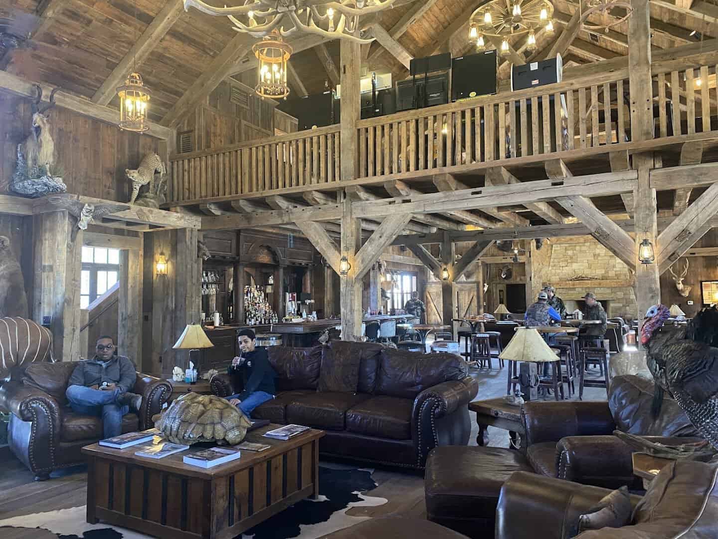 Timber and stone lodge interior at Ox Ranch near Uvalde, Texas