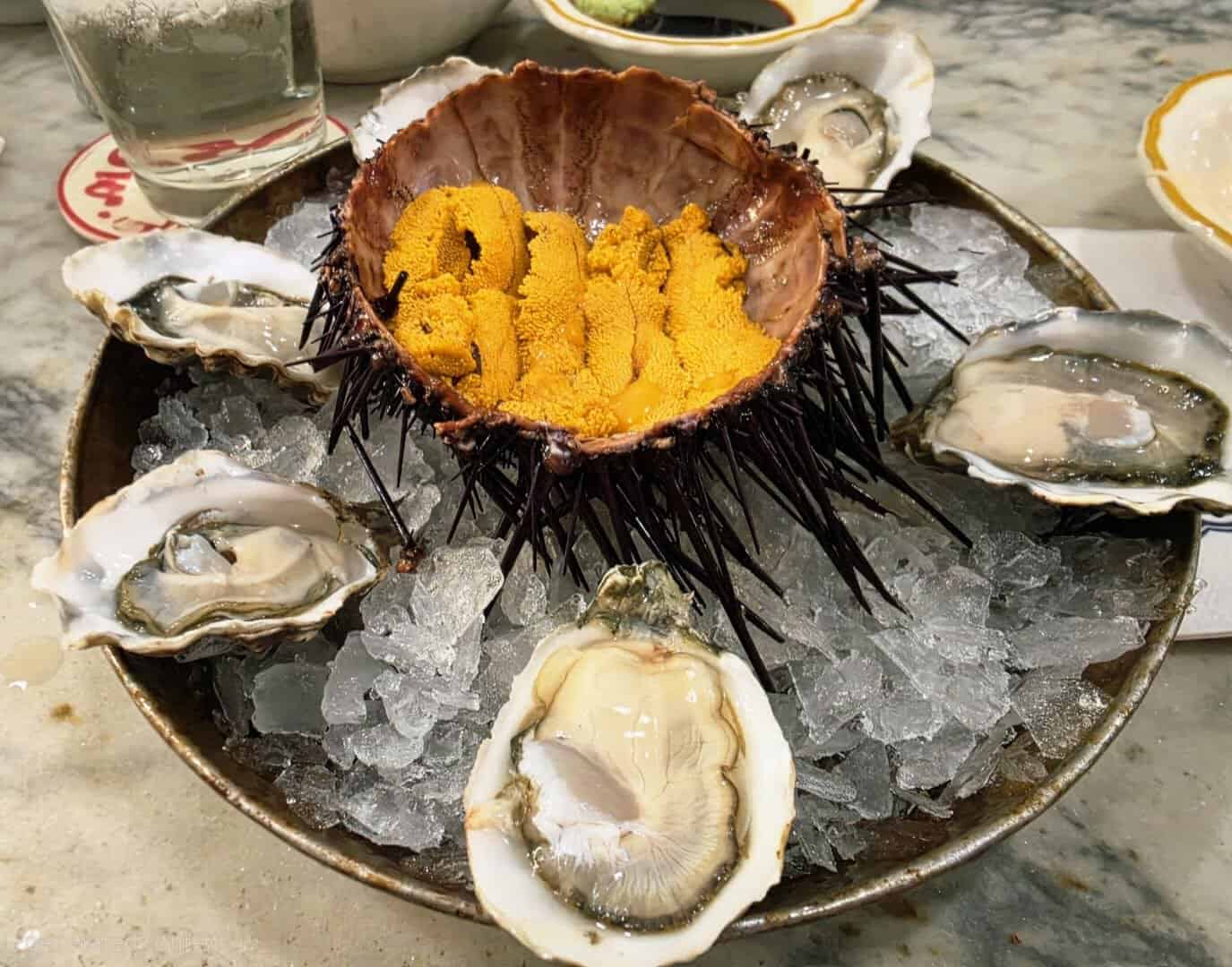 fresh oysters and sea urchin platter at Swan Oyster Depot in San Francisco