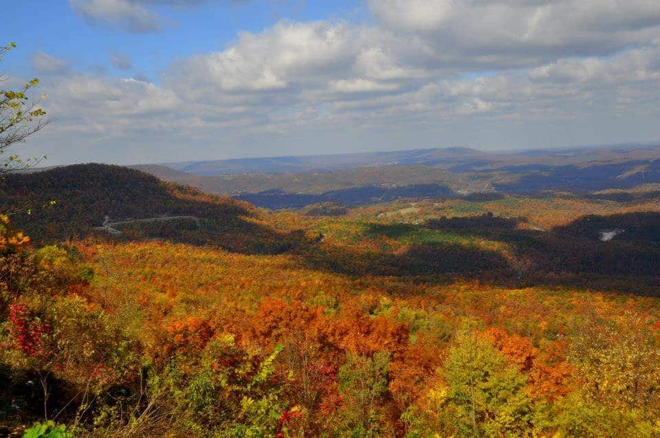Ozark hills in orange and gold autumn color seen from an overlook on Arkansas Scenic 7, Arkansas