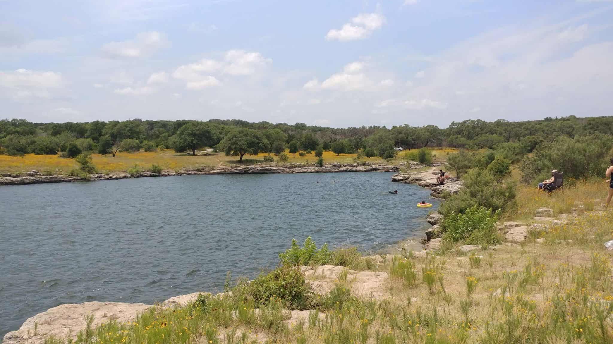 Rocky cove and wildflowers along the shoreline at Pace Bend Park on Lake Travis