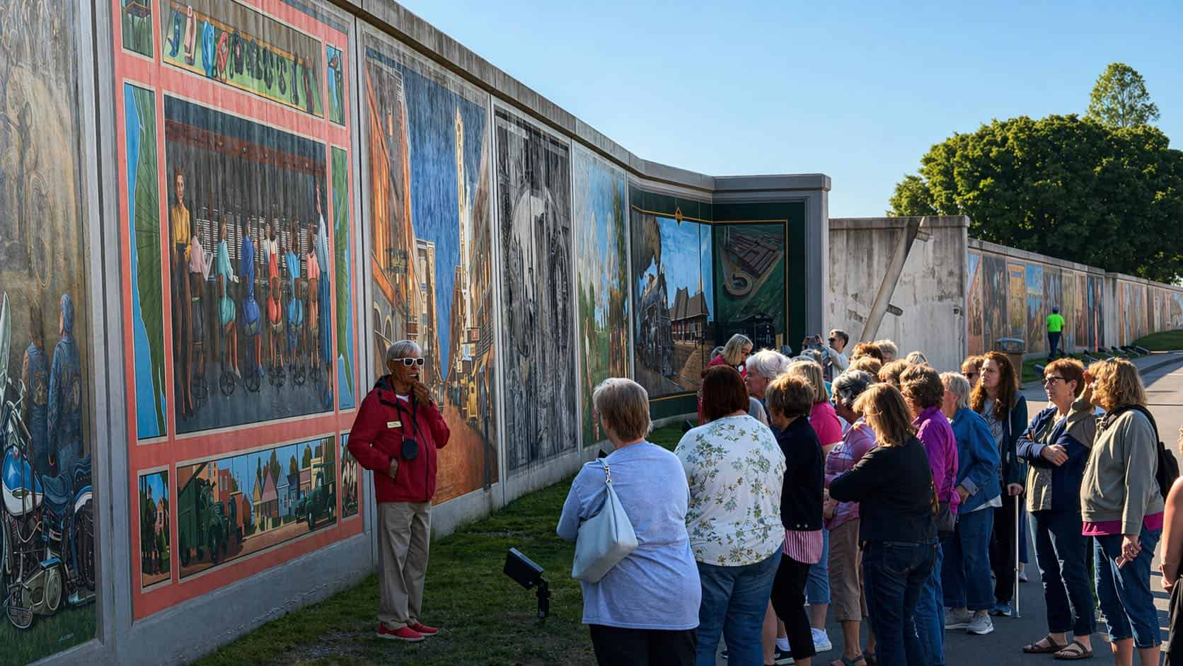 Painted floodwall murals along the riverfront in Paducah, Kentucky