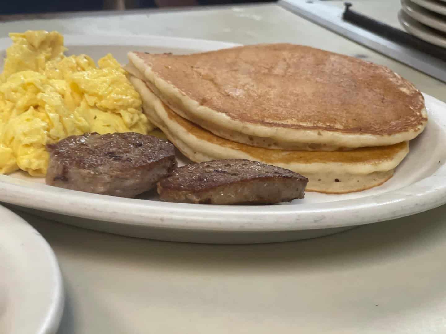 Pancakes, steak and scrambled eggs, a classic breakfast at Bobbie's Southern Kitchen
