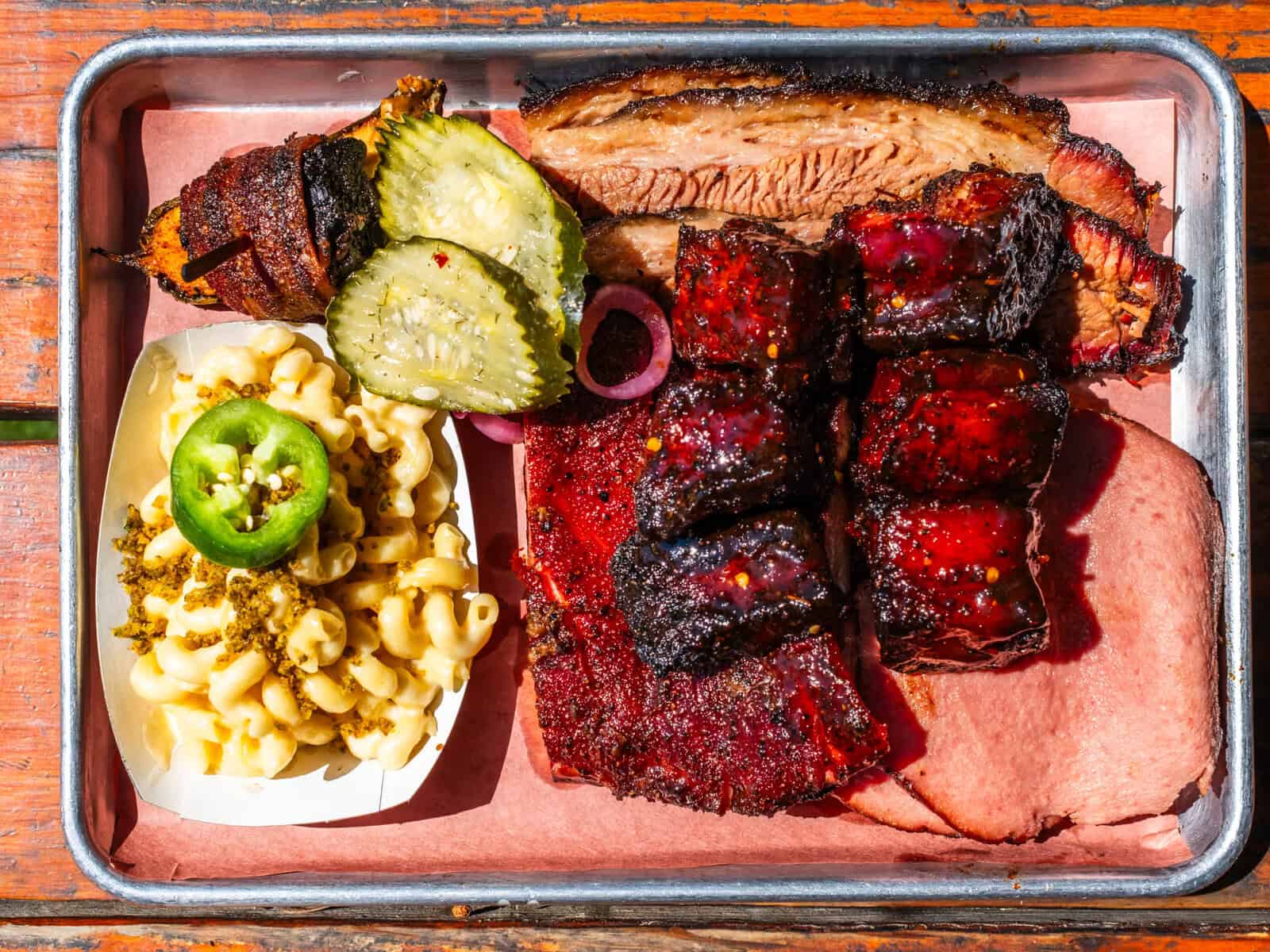 Tray of pork ribs, brisket and jalapeno mac and cheese at Panther City BBQ in Fort Worth, Texas