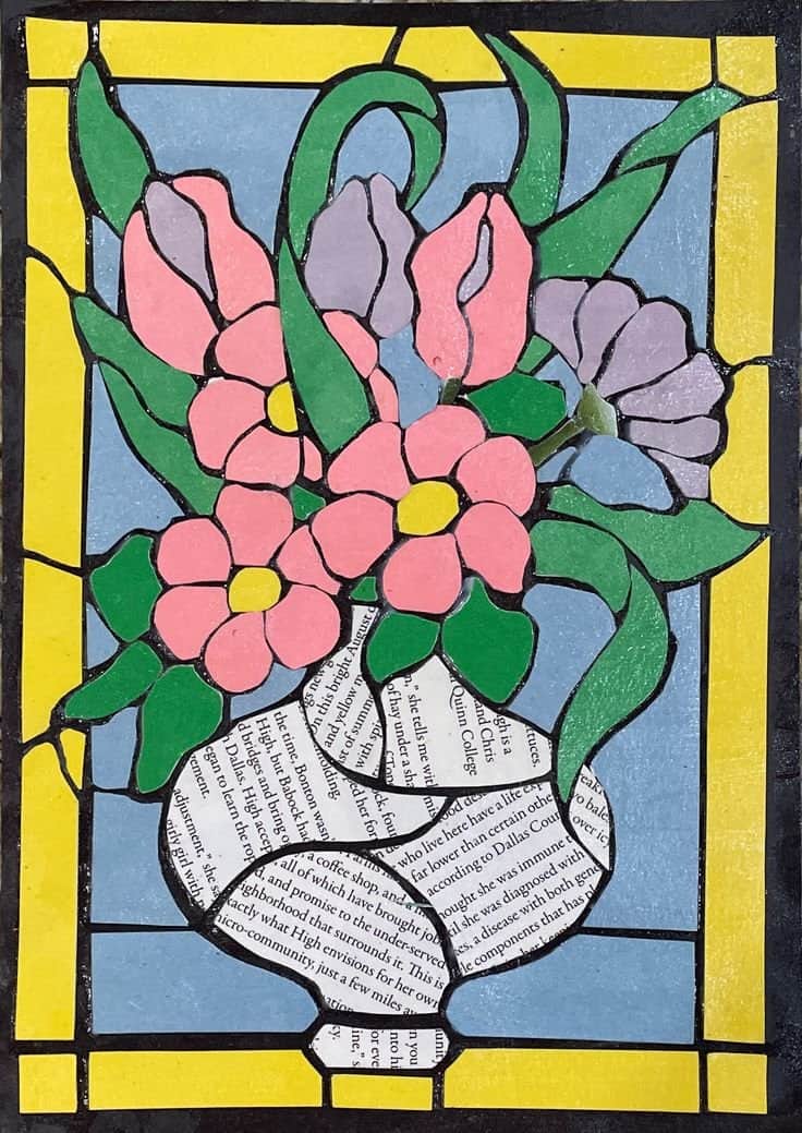 Paper collage art made from reused materials at Pegasus Creative Reuse in Dallas