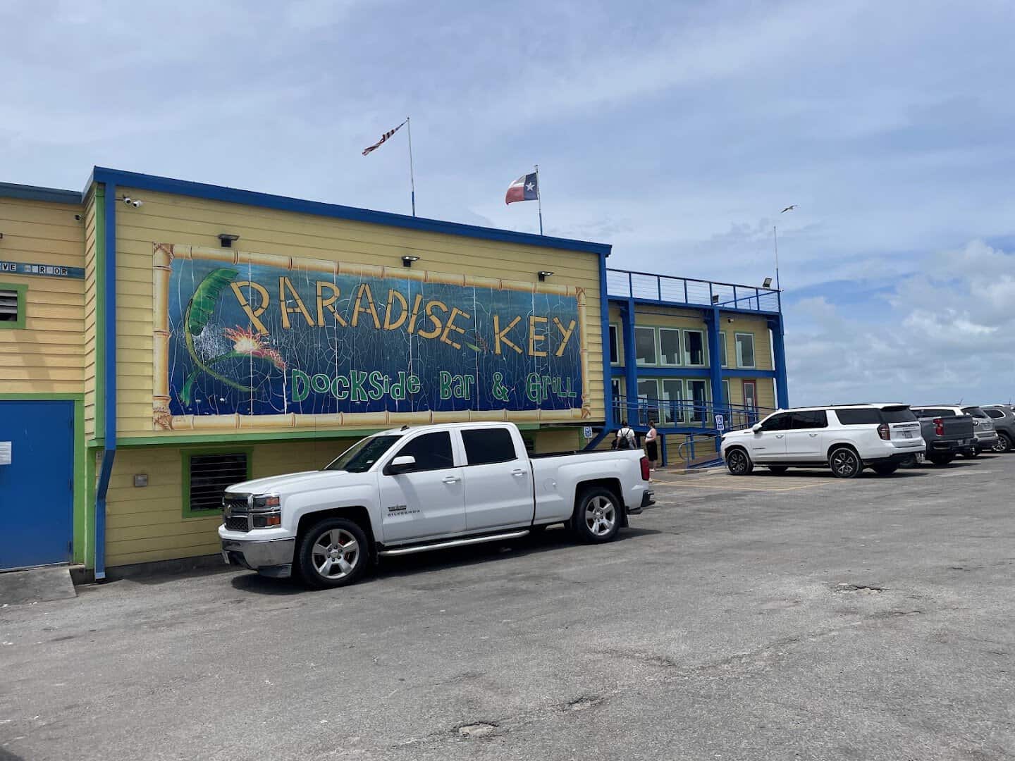 Exterior of Paradise Key Dockside Bar and Grill at Cove Harbor in Rockport, Texas