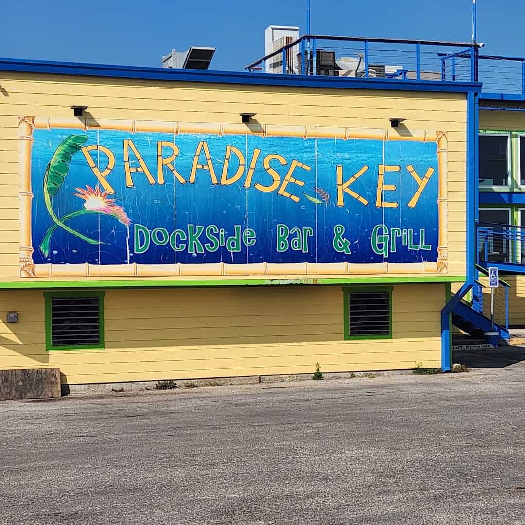 Paradise Key Dockside Bar and Grill mural sign in Rockport, Texas