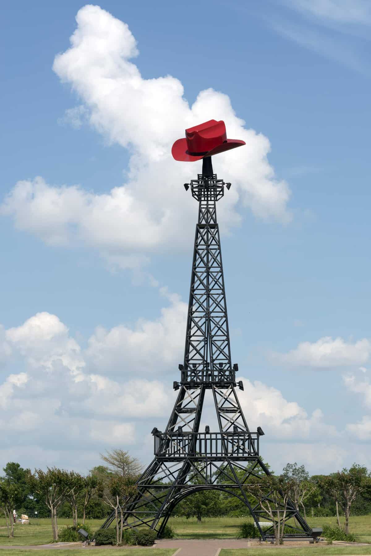 The Eiffel Tower replica topped with a red cowboy hat in Paris, Texas