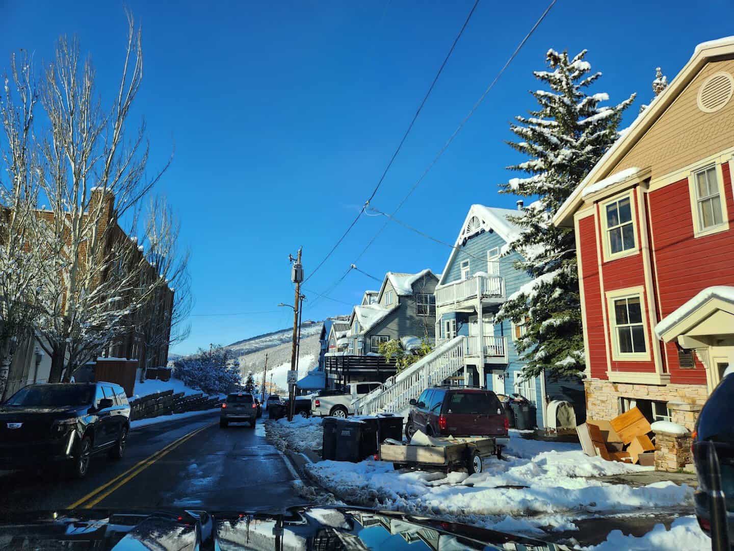 Colorful historic Main Street dusted with snow in Park City, Utah