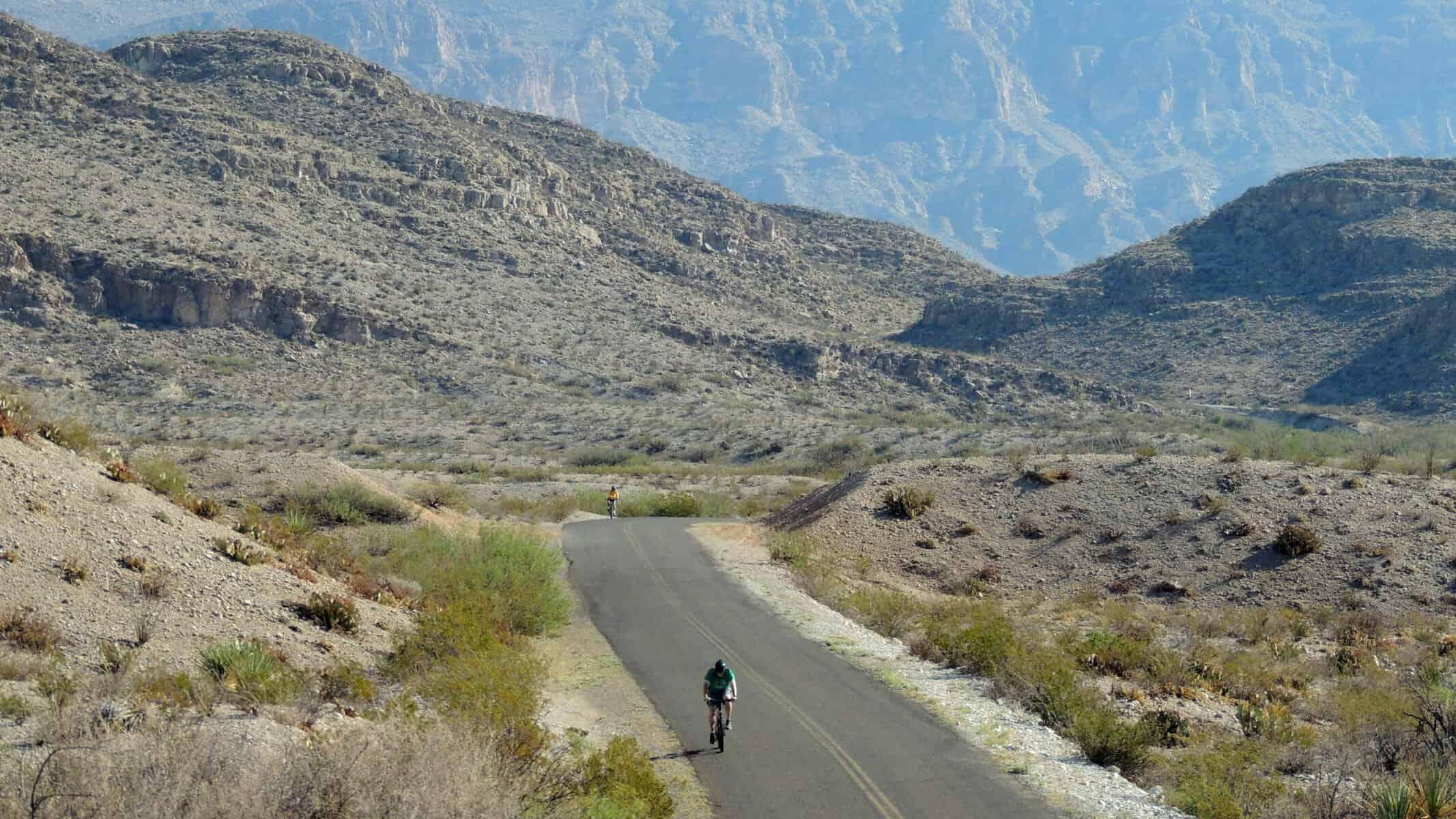 A park road running straight toward the mountains in Big Bend National Park