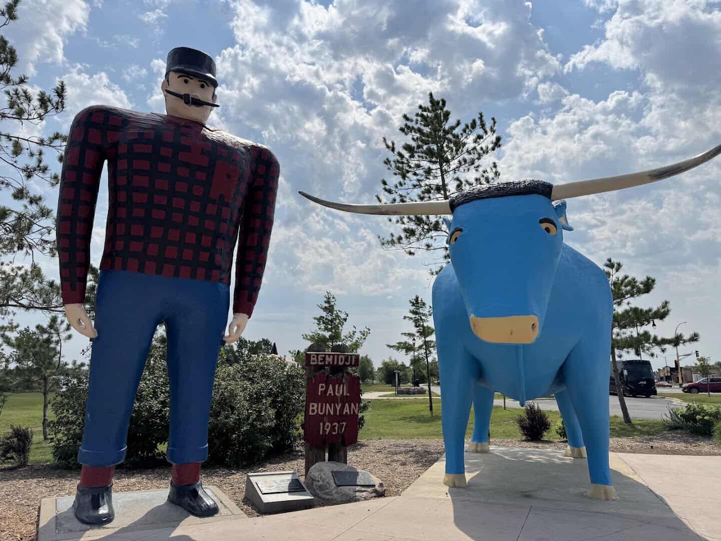 Statues of Paul Bunyan and Babe the Blue Ox on the lakefront in Bemidji, Minnesota
