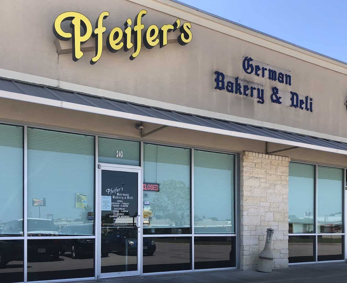 Storefront sign for Pfeifer's German Bakery and Deli in Harker Heights, Texas
