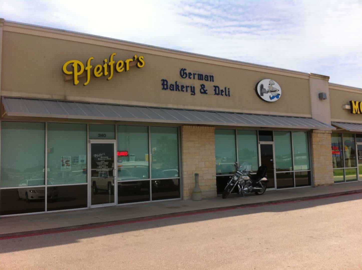 Exterior storefront of Pfeifer's German Bakery and Deli in Harker Heights, Texas