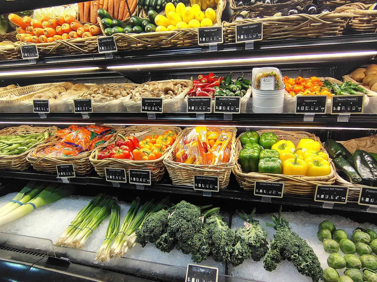 Colorful fresh produce and peppers at Phoenicia Specialty Foods in Houston