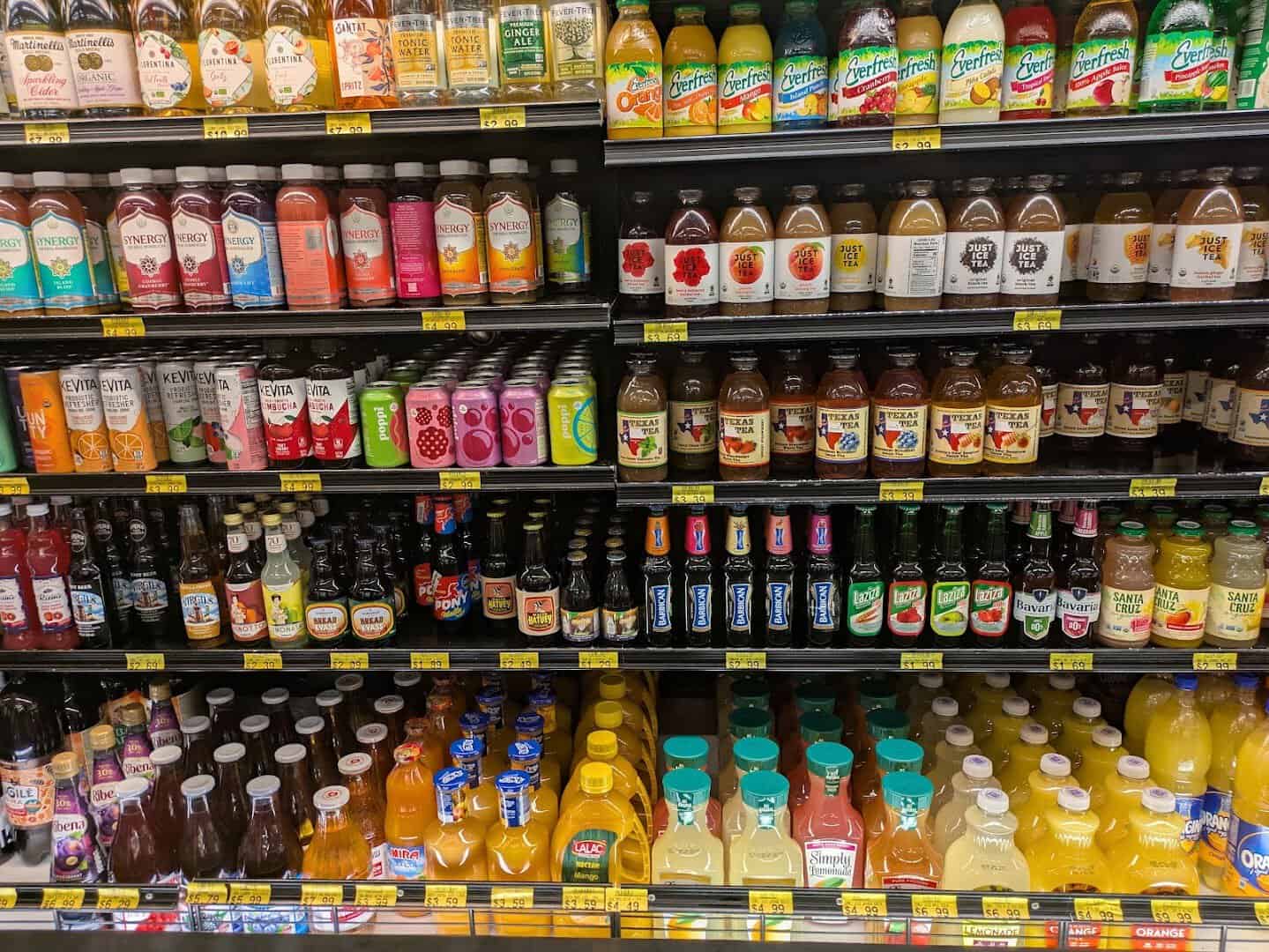 Shelves of imported drinks at Phoenicia Specialty Foods in Houston