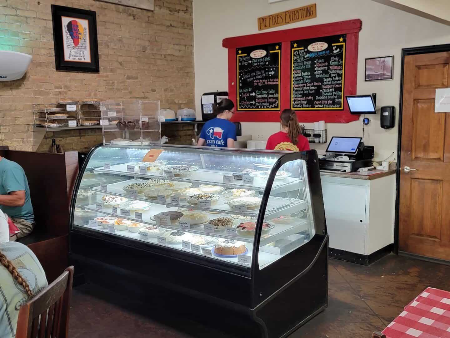 Front counter and glass pie case at Texan Cafe and Pie Shop in Hutto, Texas