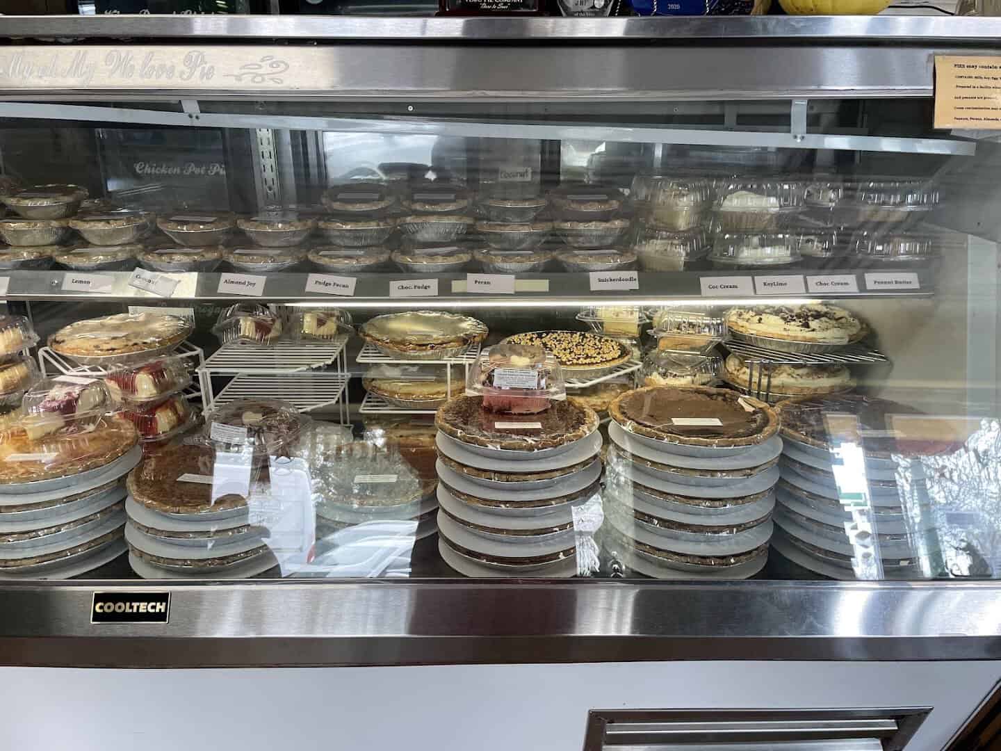 Refrigerated case of homemade pies at Texas Pie Company in Kyle, Texas