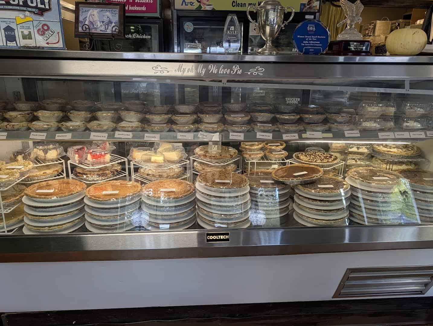 Long refrigerated pie counter at Texas Pie Company in Kyle, Texas