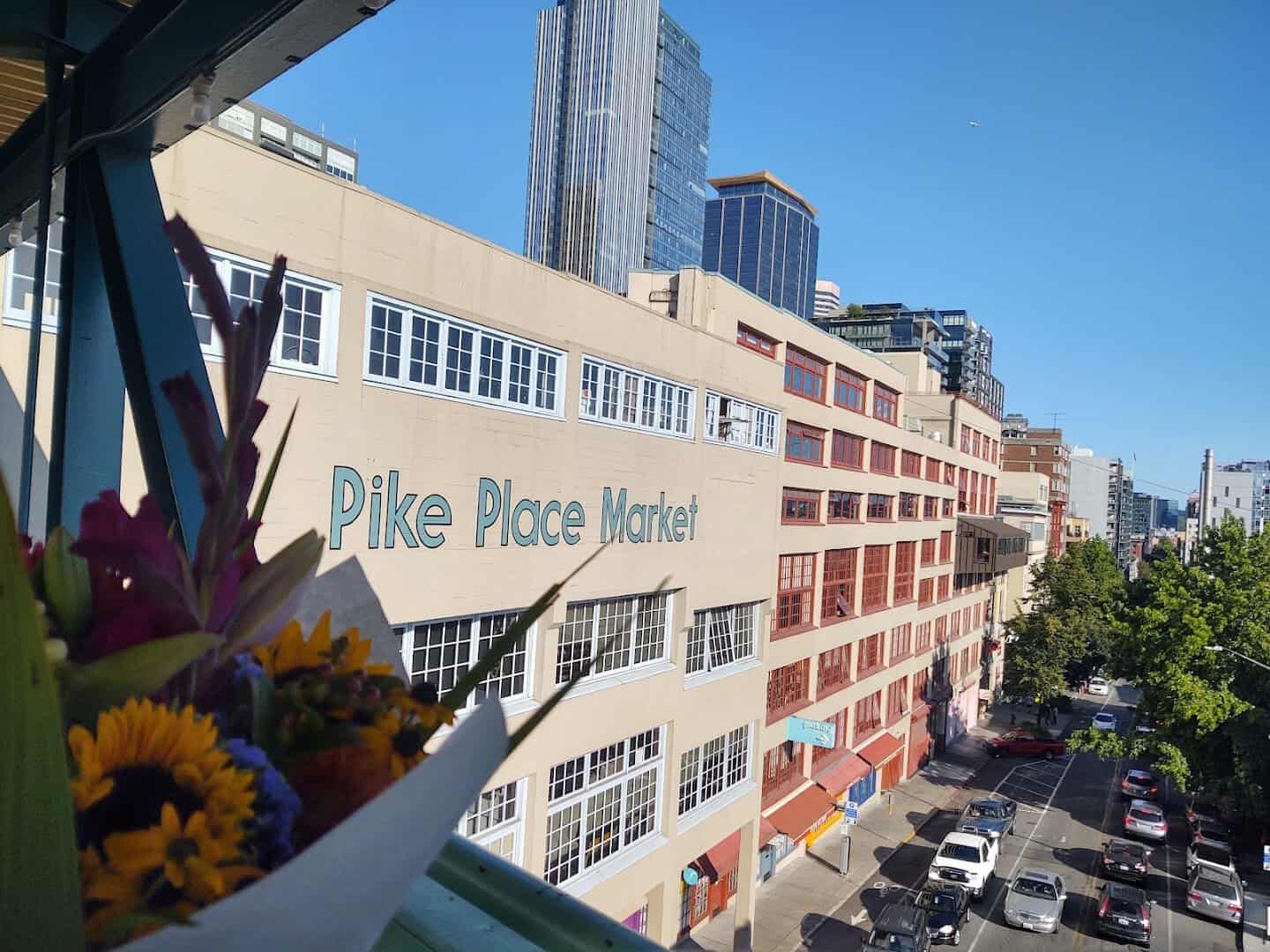 Pike Place Market building and flower stall in Seattle