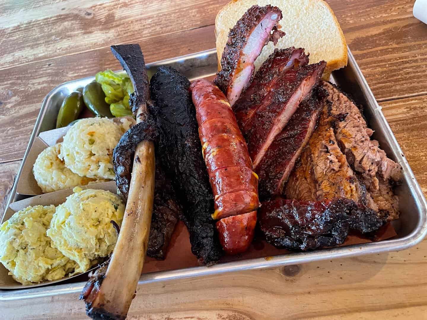 Giant beef rib and brisket tray at Pinkerton's Barbecue in Houston