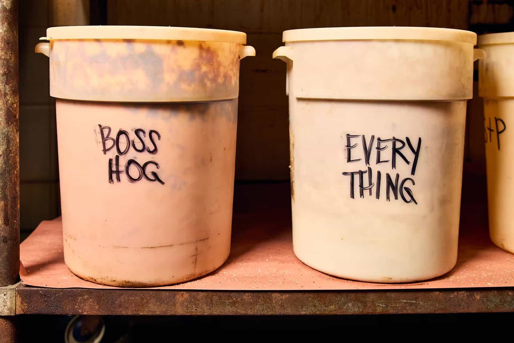 Boss Hog and Everything rub buckets at Pinkerton's Barbecue