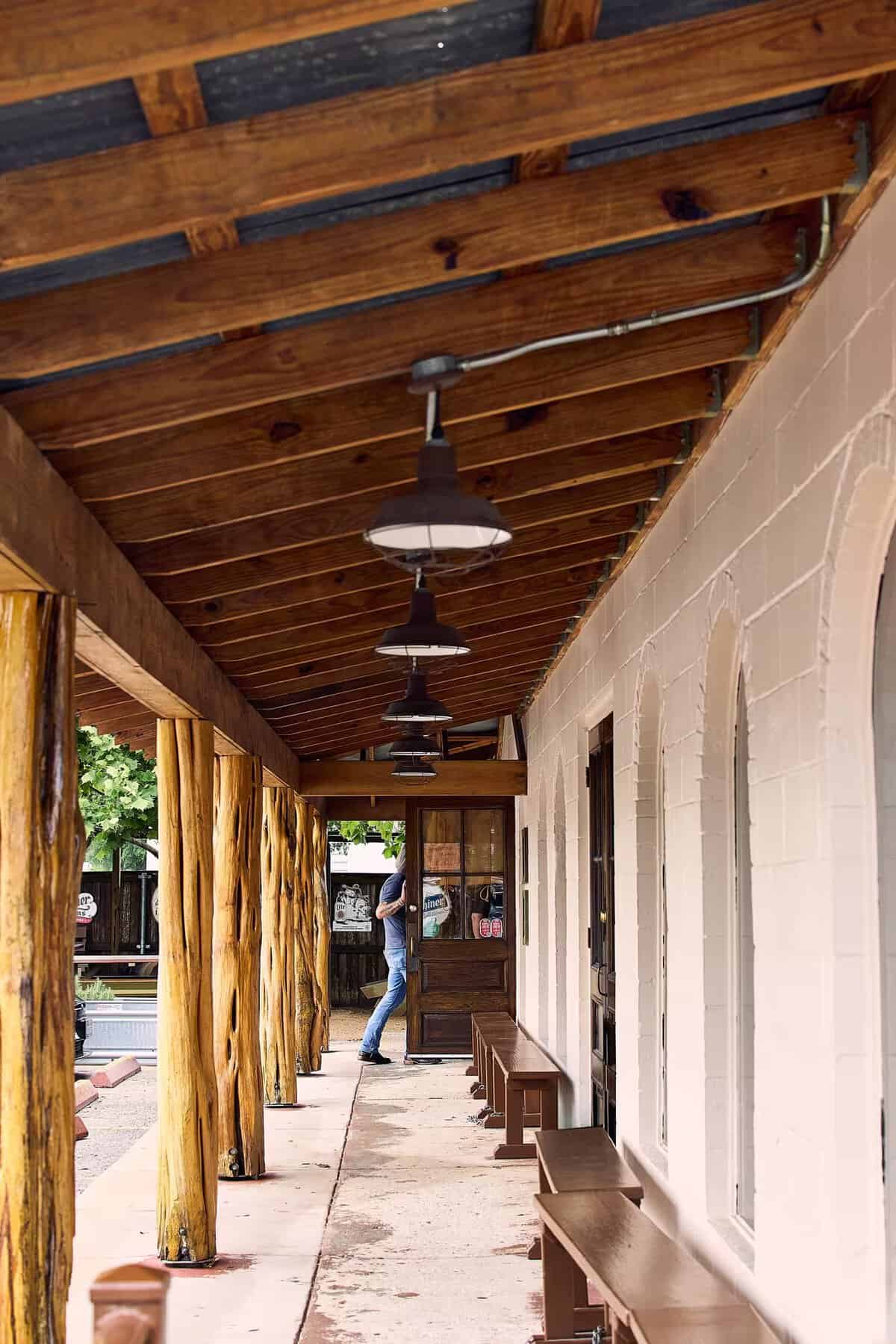 Covered porch entrance at Pinkerton's Barbecue in Houston