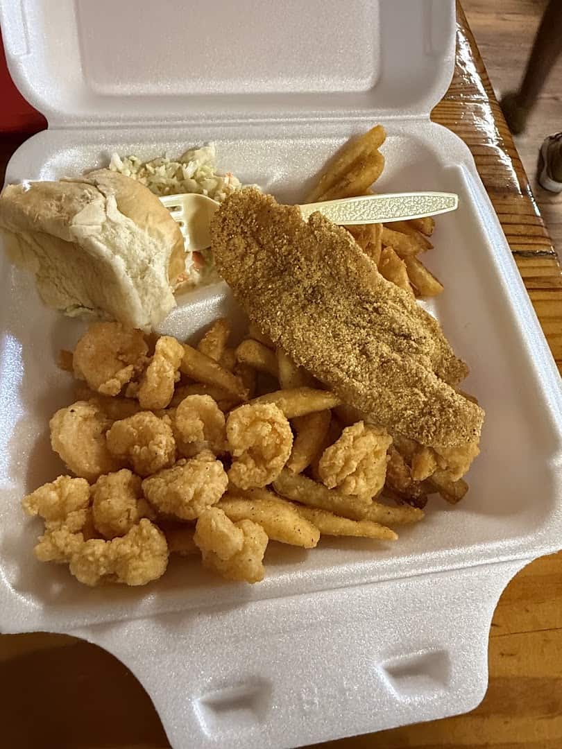 Fried catfish and shrimp platter at Poches Market in Breaux Bridge, Louisiana