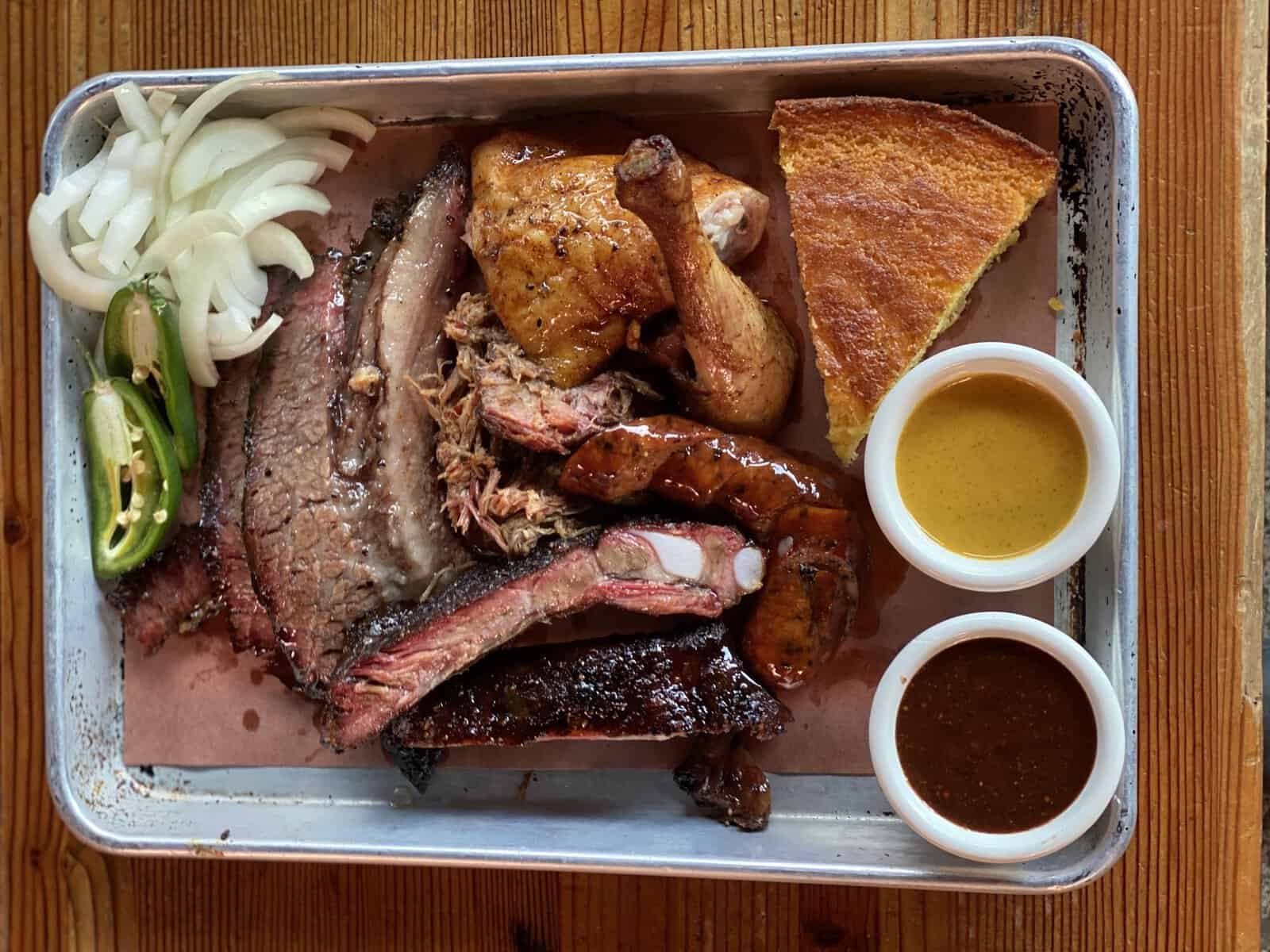 Tray of brisket, ribs and sausage at Podnah's Pit BBQ in Portland, Oregon