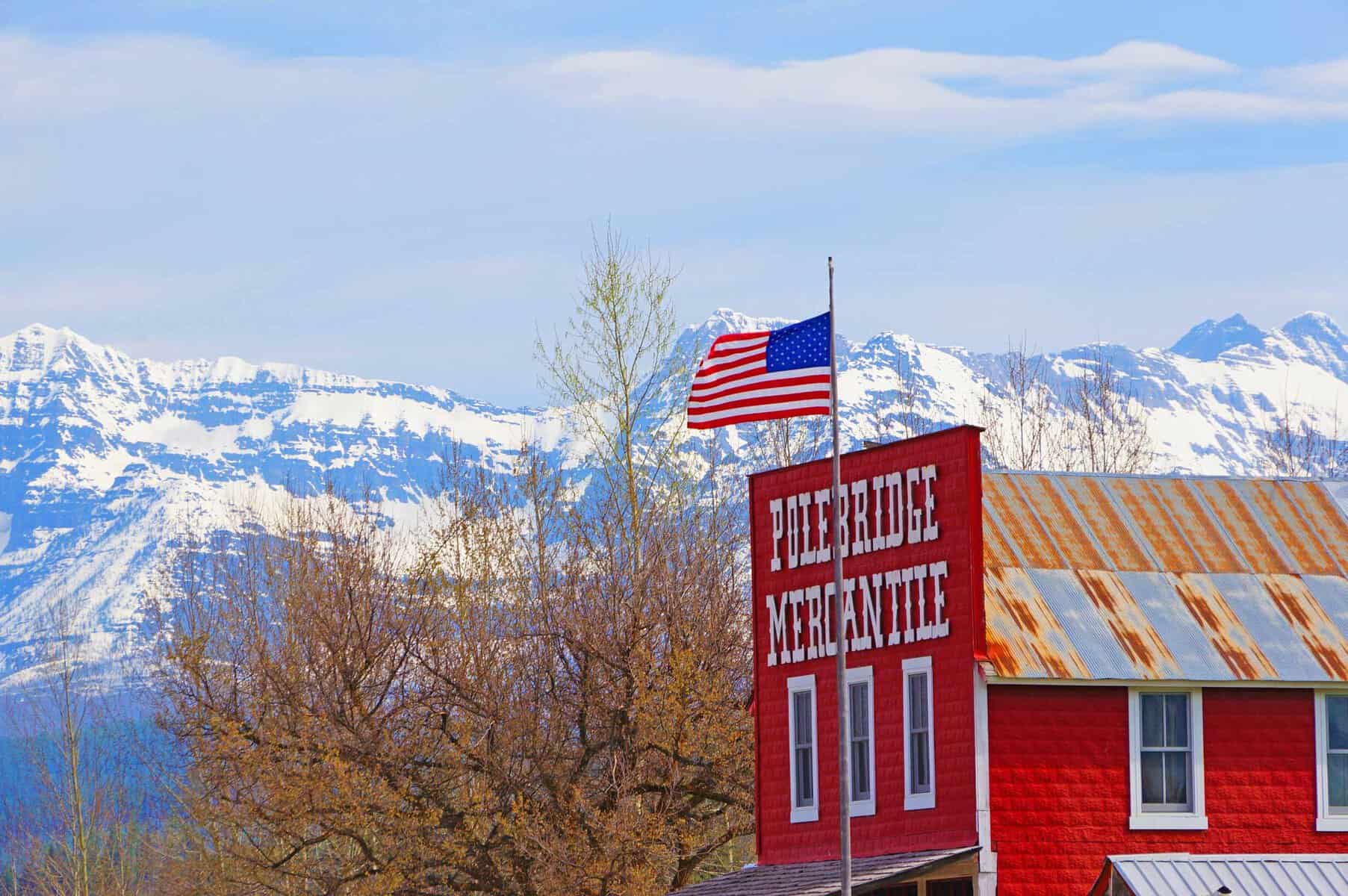 Red storefront of Polebridge Mercantile near Glacier in Montana
