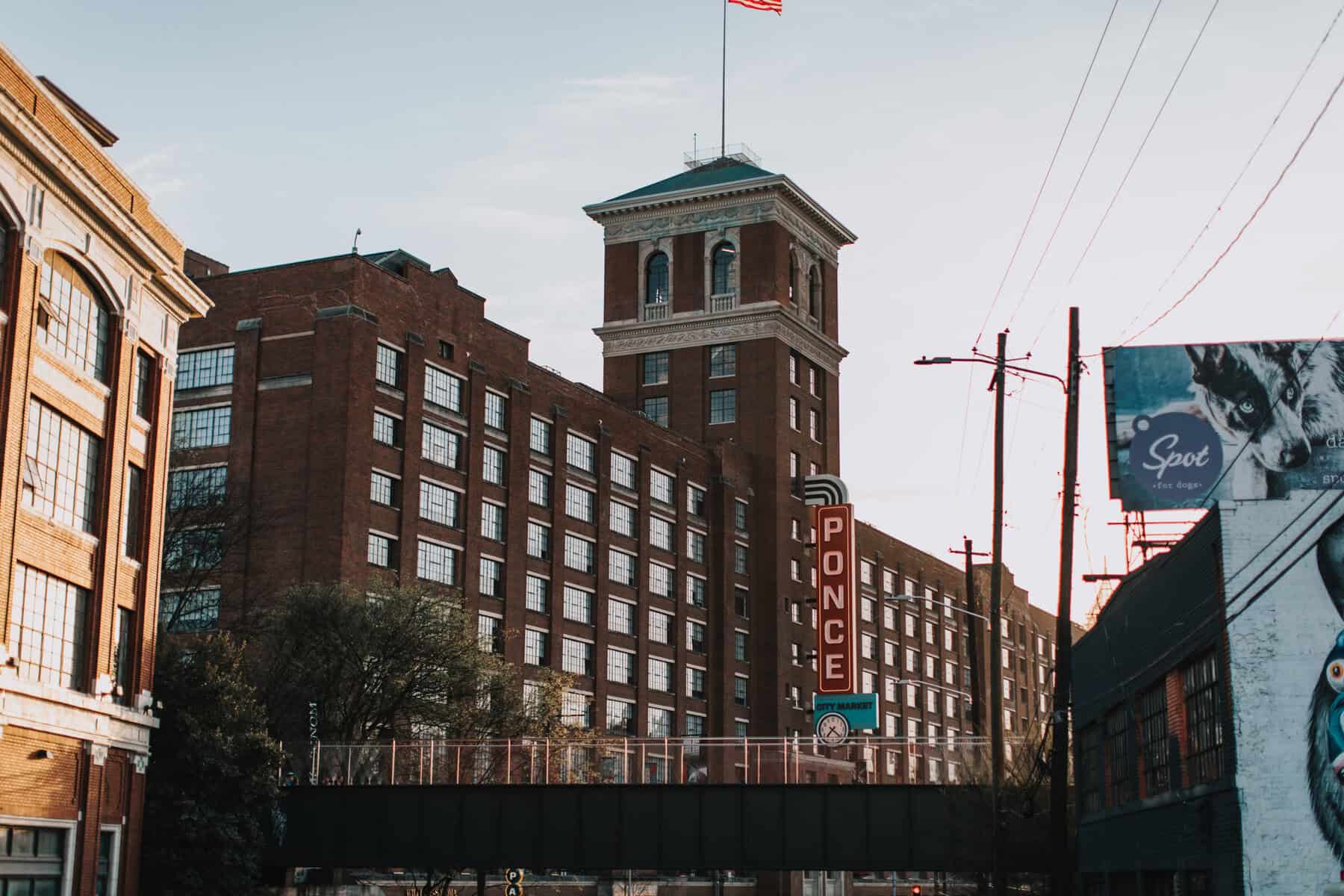 Historic Ponce City Market building with the Ponce sign in Atlanta, Georgia