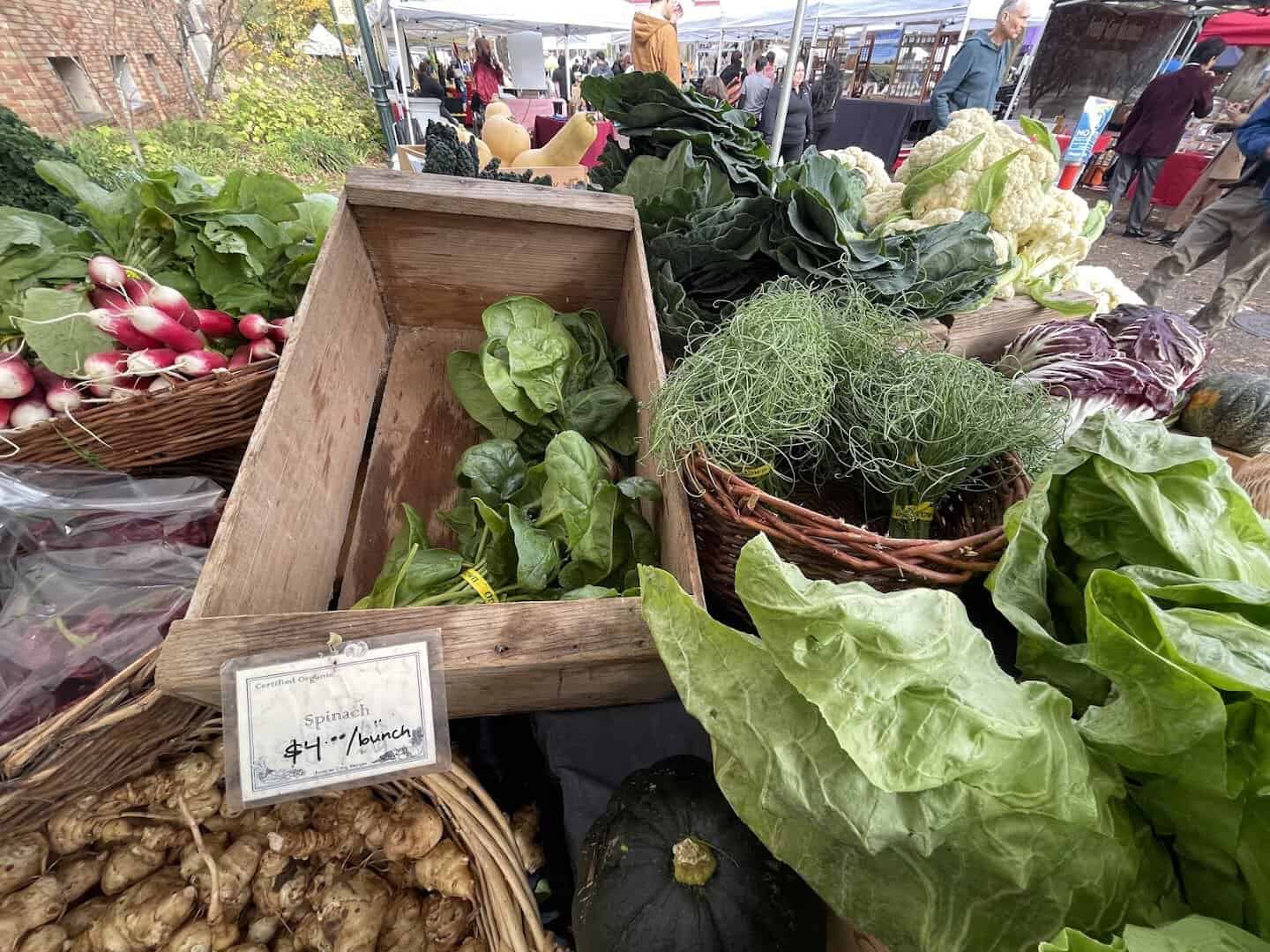 Baskets of cabbage, cauliflower and radishes at the Portland Farmers Market in Oregon