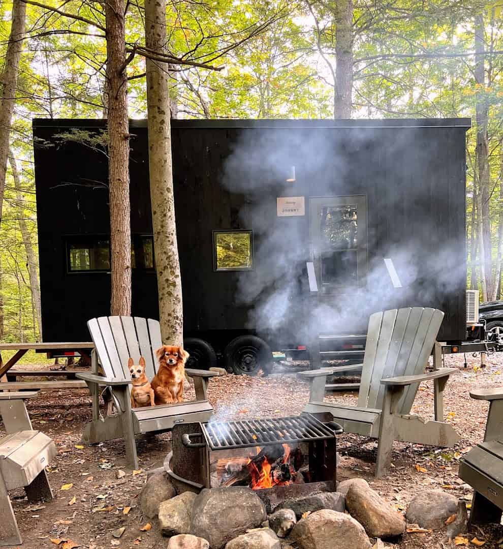 Secluded tiny cabin with a fire pit in autumn woods at Postcard Cabins, Epsom, New Hampshire