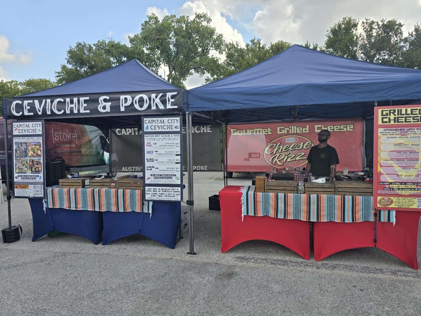 Prepared food vendor tent at Barton Creek Farmers Market in Austin, Texas