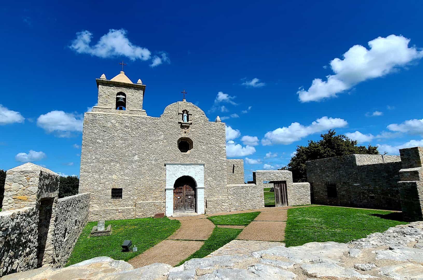 The stone chapel and walls of Presidio La Bahia fort in Goliad, Texas