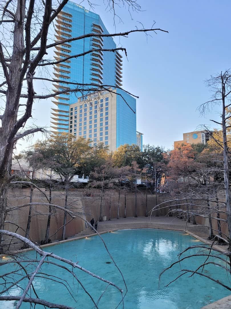 The sunken Quiet Pool with the downtown skyline at the Fort Worth Water Gardens