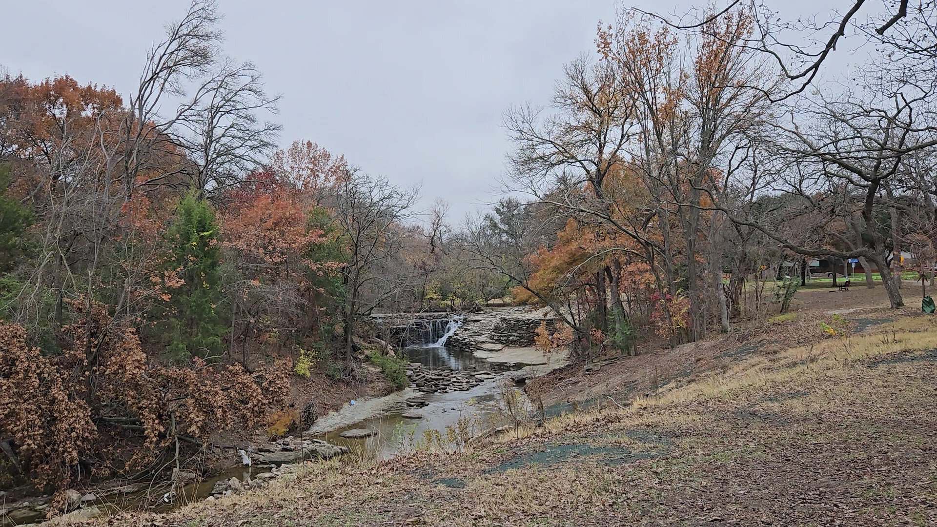 Quiet wooded stretch of the creek at Prairie Creek Park in Richardson, Texas