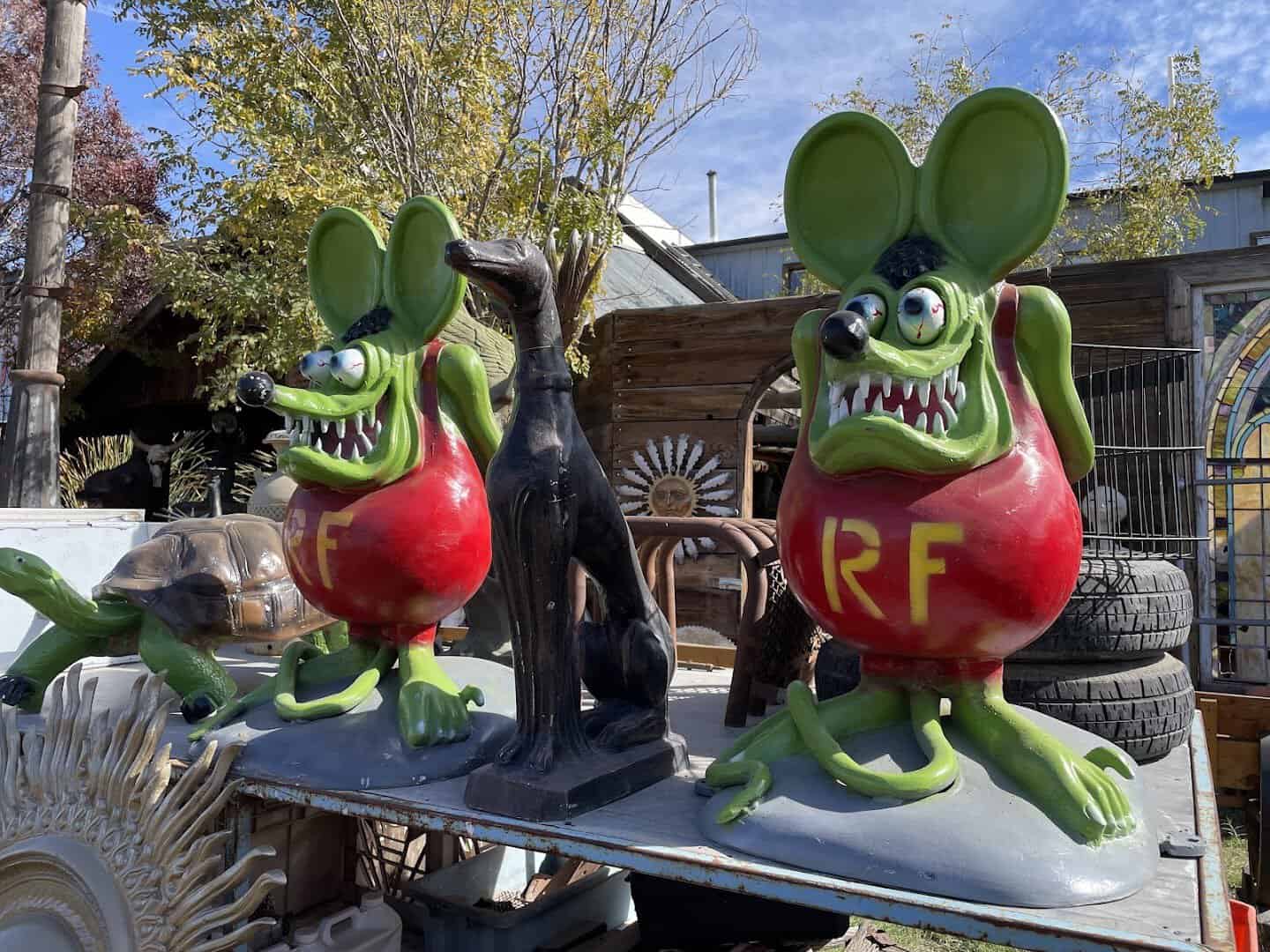 Quirky Rat Fink oddity statues on display at The Whoopee Bowl Antique Mall in Canutillo, Texas