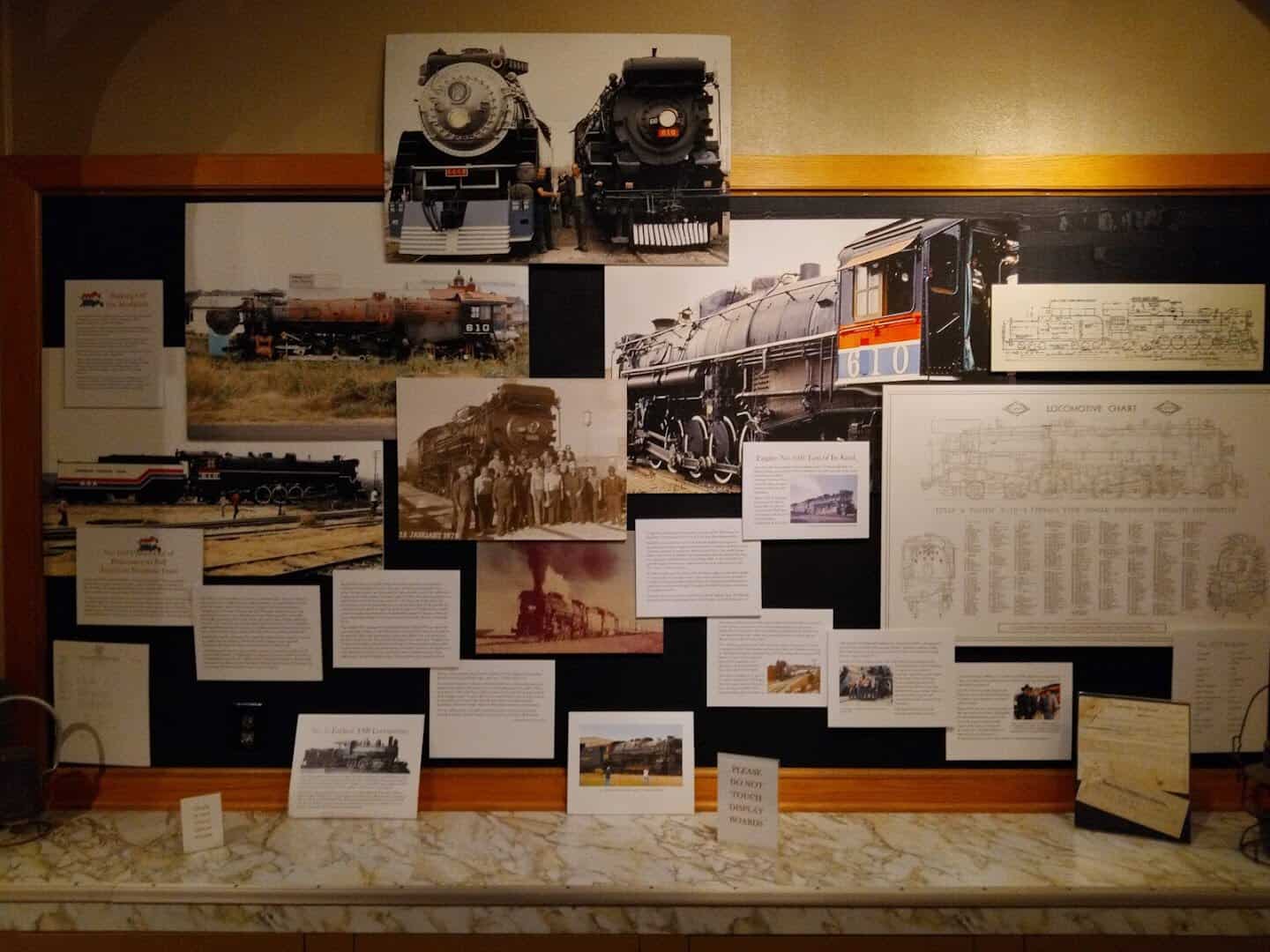 Historical railroad photo display at the Texas State Railroad depot museum
