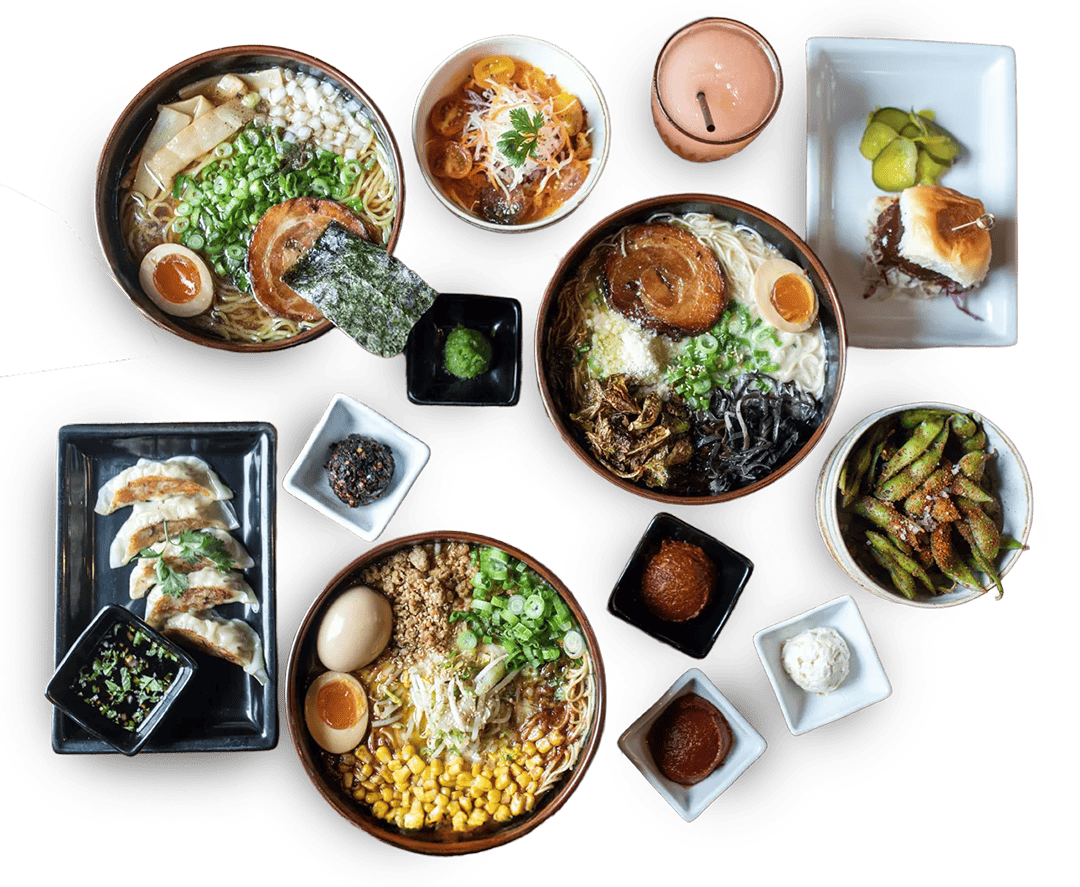 A spread of ramen bowls and sides at Ramen Tatsu-Ya in Austin