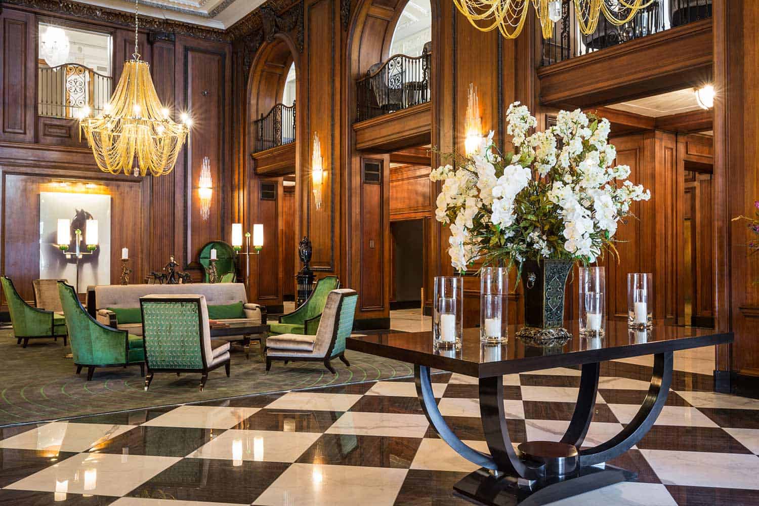 The Read House grand lobby with chandelier and checkered floor in Chattanooga, Tennessee