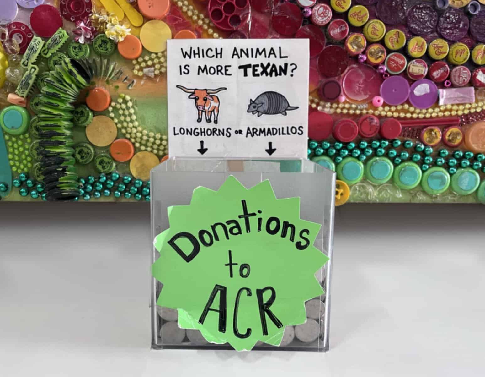 Colorful reclaimed-cap artwork and donation display at Austin Creative Reuse