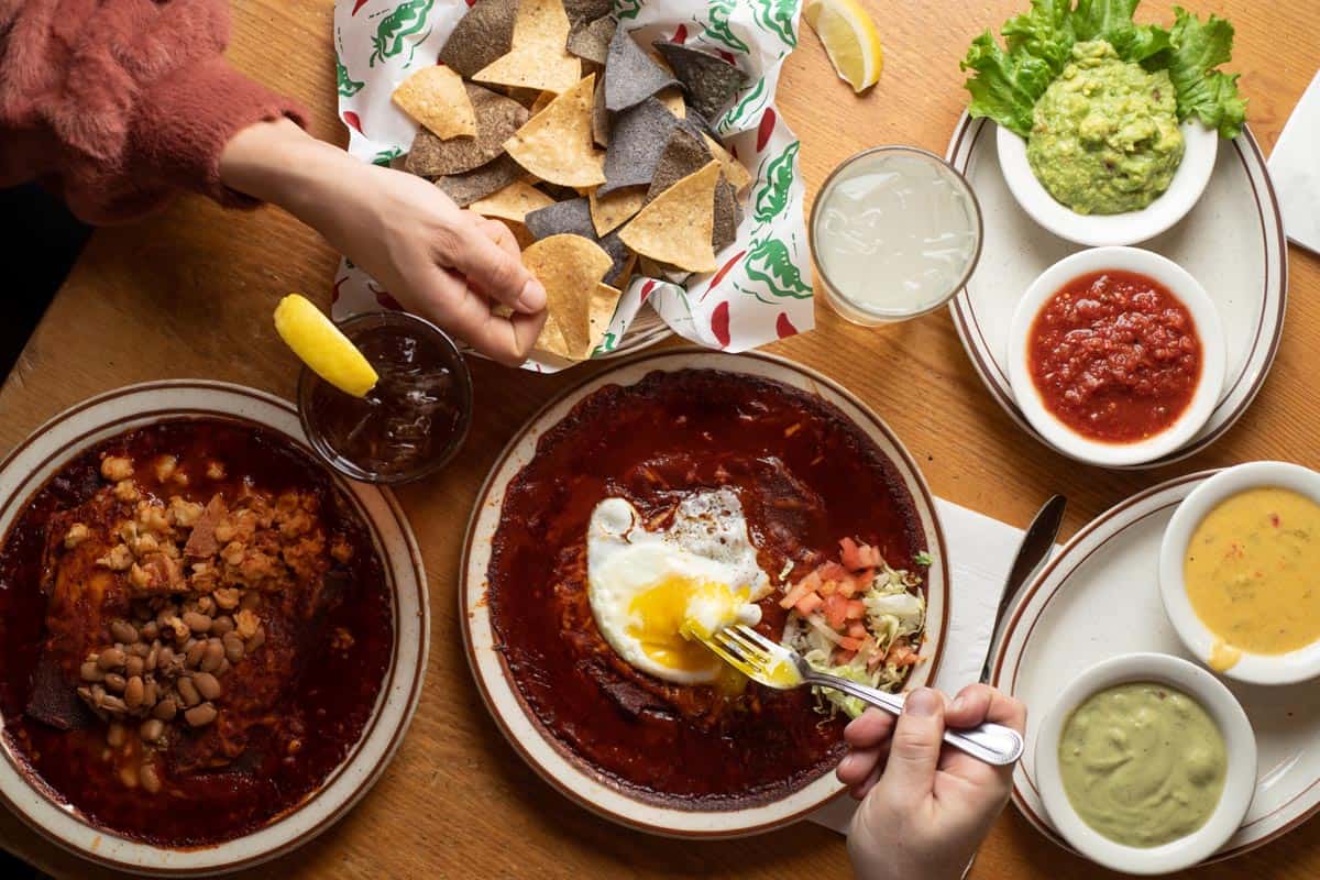 red chile and New Mexican spread with chips and salsa at The Shed in Santa Fe